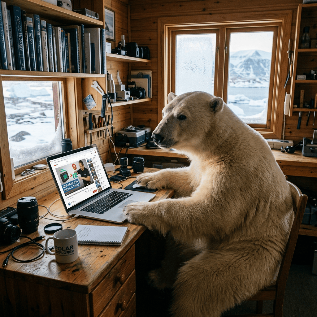Polar bear seated at wooden desk with laptop in a rustic cabin overlooking snowy landscape