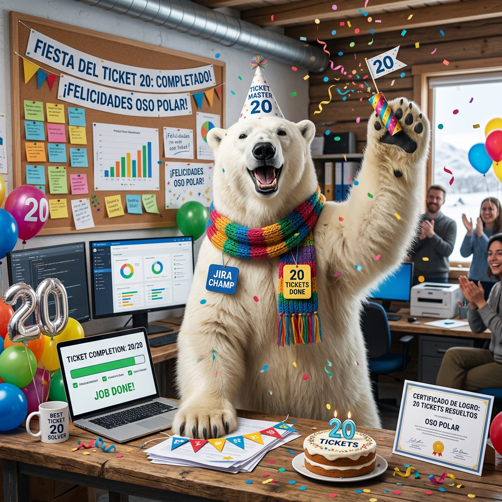 Polar bear wearing a party hat and colorful scarf celebrating completion of 20 tickets in an office environment