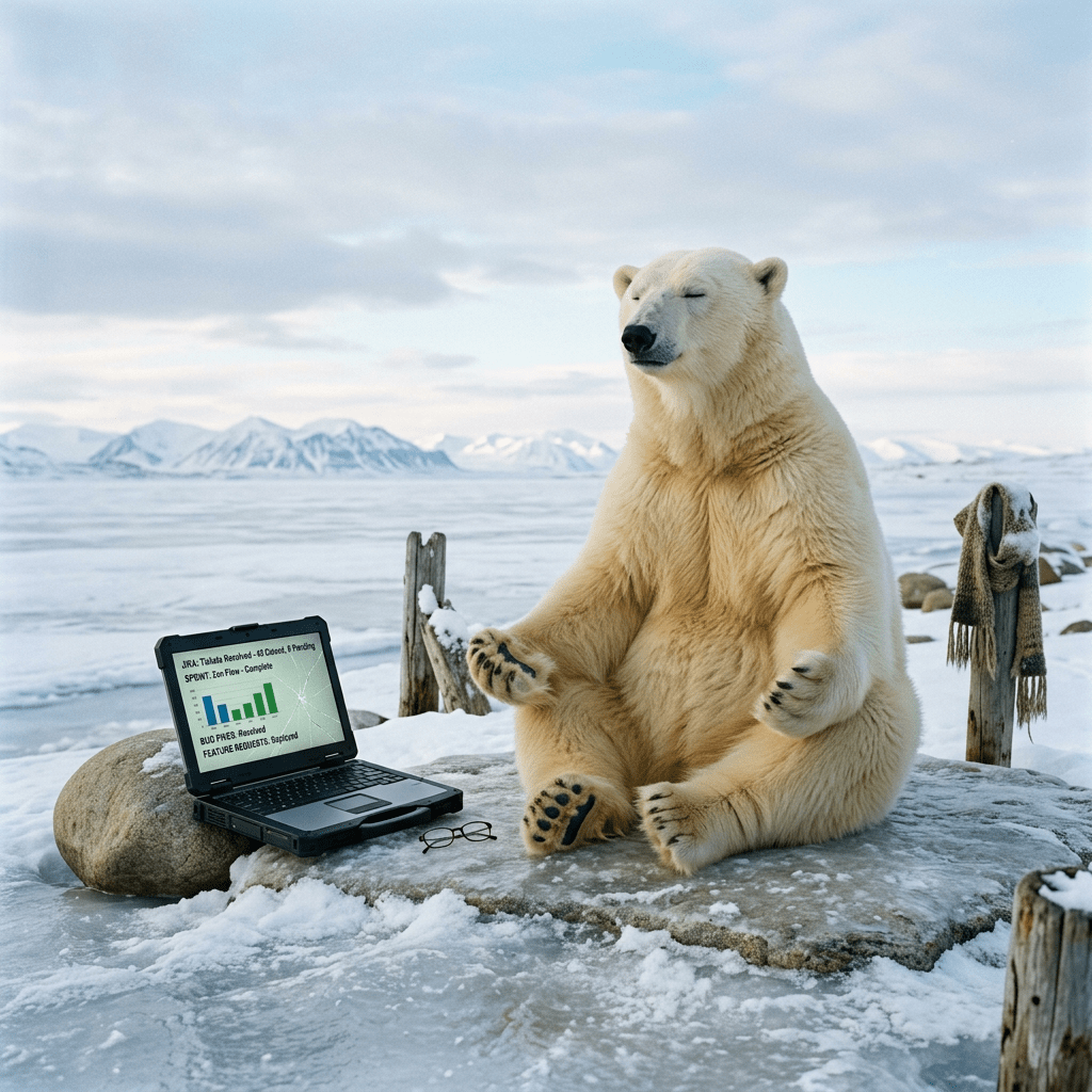 Polar bear sitting cross-legged on snow next to open laptop showing charts